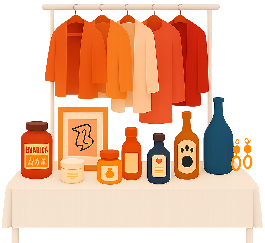 Pop-up event vendor setup with various products on a table
